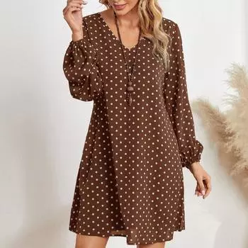 Женское осеннее волнистое платье с длинным рукавом и v-образным вырезом, рукавом-фонариком, в горошек, платья с принтом L чёрный