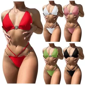 Женское отдельное сексуальное бикини, сплошной цвет, цепочка, висящая на шее, со стальным кронштейном, купальник без накладки на грудь L чёрный