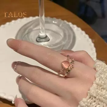 Женское открытое кольцо, регулируемое розовое кольцо со стразами, цветок в форме фруктов, в форме сердца, полированное, для вечеринки, свидания, ювелирные изделия на безымянном пальце A