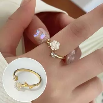Женское открытое кольцо с камелией, регулируемое роскошное кольцо с кубическим цирконием, инкрустация цветочным декором, кольцо на палец, модный аксессуар, свадебные украшения, подарок золотистый