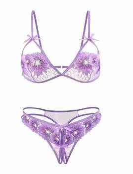 Женское открытое промежностное перспективное сетчатое вышитое сексуальное нижнее белье перфорированное нижнее белье комплект нижнего белья [Qianqu] фиолетовый