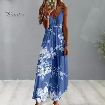 Женское отпускное платье с глубоким V-образным вырезом и цветочным принтом Свободное платье без рукавов в богемном стиле Мягкое повседневное пляжное платье с ремешками Летнее пляжное платье макси Курортная одежда S серый
