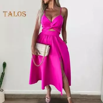 Женское отпускное платье с глубоким вырезом и V-образным вырезом на тонких бретельках с открытой спиной и без рукавов с боковым разрезом Плиссированное сплошное цветное пляжное вечернее платье миди Летнее длинное S розы красного