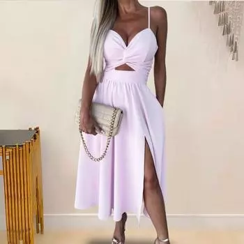 Женское отпускное платье с глубоким вырезом и V-образным вырезом на бретельках с открытой спиной и без рукавов с боковым разрезом Плиссированное сплошное цветное платье миди для пляжной вечеринки S розы красного