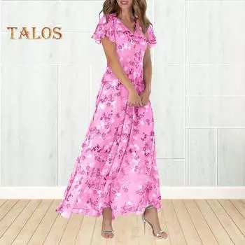 Женское отпускное платье с V-образным вырезом и высокой талией с рюшами и цветочным принтом с короткими рукавами А-силуэта Свободное платье с большим подолом Летнее пляжное платье макси Курортная одежда Длинное платье 3XL светло-фиолетовый