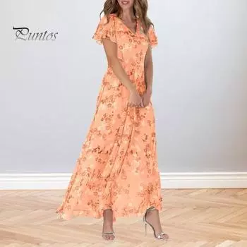 Женское отпускное платье с V-образным вырезом и высокой талией с рюшами и цветочным принтом с короткими рукавами А-силуэта Свободное платье с большим подолом Летнее пляжное платье макси Курортная одежда Длинное платье 3XL розовый
