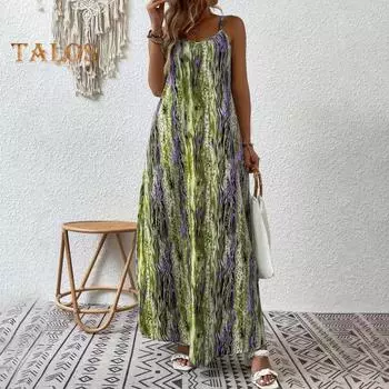 Женское отпускное платье с V-образным вырезом и принтом, свободное без рукавов в богемном стиле, мягкое повседневное пляжное платье с ремешками, летнее пляжное платье макси, курортная одежда, сарафан M зелёный