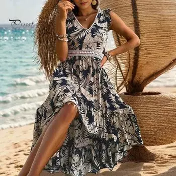 Женское отпускное платье с V-образным вырезом и открытой талией Нерегулярный лоскутный подол с принтом листьев без рукавов на молнии сзади Летнее пляжное платье в стиле бохо S синий