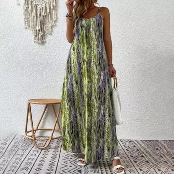 Женское отпускное платье с V-образным вырезом и принтом, свободное без рукавов в богемном стиле, мягкое повседневное пляжное платье с ремешками, летнее пляжное платье макси, курортная одежда, сарафан M зелёный