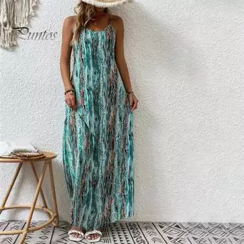 Женское отпускное платье с V-образным вырезом и принтом, свободное без рукавов в богемном стиле, мягкое повседневное пляжное платье с ремешками, летнее пляжное платье макси, курортная одежда, сарафан M зелёный