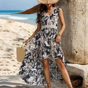 Женское отпускное платье с V-образным вырезом и открытой талией Нерегулярный лоскутный подол с принтом листьев без рукавов на молнии сзади Летнее пляжное платье в стиле бохо S синий