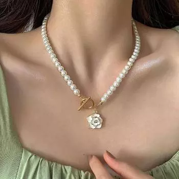 Женское ожерелье, элегантное ожерелье с камелией, ожерелье из искусственного жемчуга, модные украшения для вечеринки, повседневная одежда белый