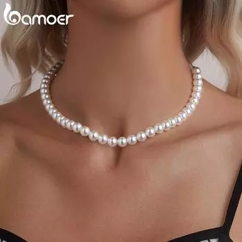 Женское ожерелье BAMOER из белого жемчуга, серебряное ожерелье с регулируемой застежкой и искусственным жемчугом, свадебные украшения 390+65mm белый