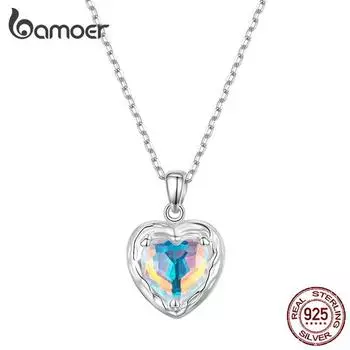 Женское ожерелье BAMOER из стерлингового серебра 925 пробы со сверкающим сердечком, простое серебряное ожерелье, ювелирные украшения для помолвки 925 silver