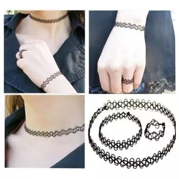 Женское ожерелье браслет кольцо комплект из 3 предметов ювелирные изделия полое эластичное ожерелье ювелирные изделия One Size чёрный