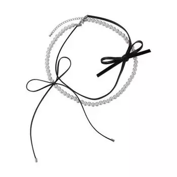 Женское ожерелье, двухслойная шнуровка с бантом, искусственный жемчуг, регулируемая длина, крутой вечерние клубный костюм для девочек серый