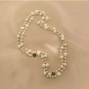Женское ожерелье, двухслойное искусственное жемчуг, декор камелии, украшение свитера, контрастный цвет, гладкая нержавеющая сталь, регулируемые женские украшения белый