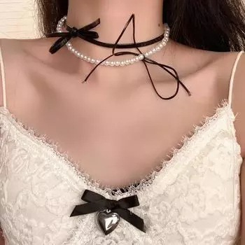 Женское ожерелье, двухслойное колье из искусственной кожи на шнуровке с искусственным жемчугом, регулируемая длина, крутая вечеринка для девочек, клубное колье для косплея, женские украшения на шею чёрный