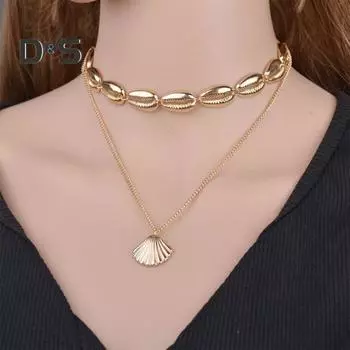 Женское ожерелье, двухслойное ожерелье из ракушек, полая цепочка, этническое украшение из нержавеющей стали, украшение на шею, вечерние ювелирные изделия, пляжное ожерелье на ключице серебряный