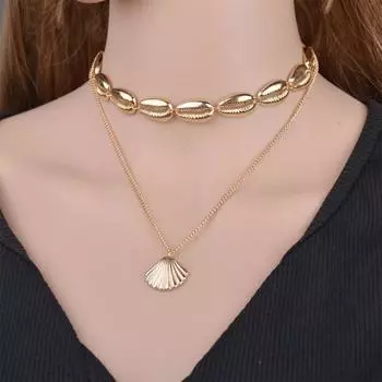 Женское ожерелье, двухслойное ожерелье из ракушек, полая цепочка, этническое украшение из нержавеющей стали, украшение на шею, вечерние ювелирные изделия, пляжное ожерелье на ключице серебряный