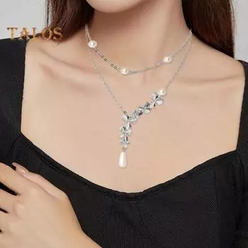 Женское ожерелье, двухслойное ожерелье из сплава с цветком, искусственный жемчуг, капля воды, гальваническое ожерелье для выпускного вечера, украшения для шеи, украшения серебряный