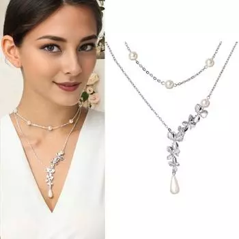 Женское ожерелье, двухслойное ожерелье из сплава с цветком, искусственный жемчуг, капля воды, гальваническое ожерелье для выпускного вечера, украшения для шеи, украшения серебряный