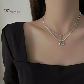Женское ожерелье, двухслойное ожерелье из титановой стали с гальваническим покрытием, подвеска «Звезда, Луна», регулируемая длина, плоское ожерелье из змеиной кости серебряный