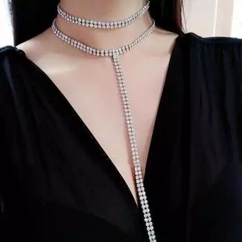 Женское ожерелье, двухслойное, с длинной кисточкой, сверкающее геометрическое регулируемое украшение, подарок для женщин, полный горный хрусталь серебряный