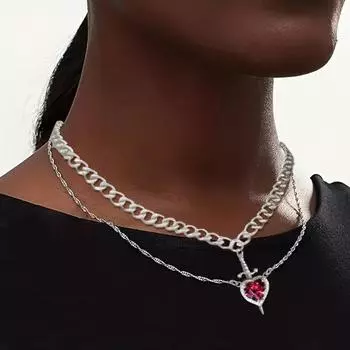 Женское ожерелье двухслойное с лезвием и кулоном в виде сердца, декор из красного страза, нержавеющая сталь серебряный