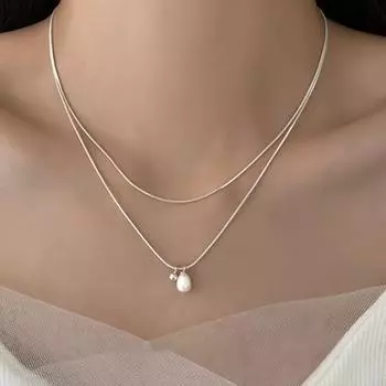 Женское ожерелье, двухслойный кулон из искусственного жемчуга, гальваническое покрытие, удлиненная регулируемая длина ключицы серебряный