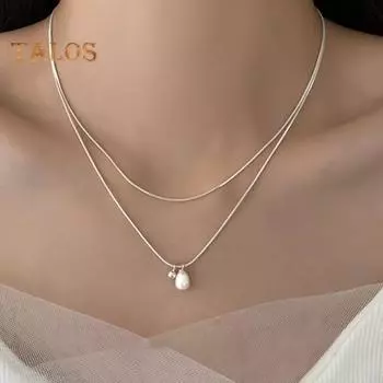 Женское ожерелье, двухслойный кулон из искусственного жемчуга, гальваническое покрытие, удлиненная длина, регулируемое легкое ожерелье на ключице, ювелирные изделия для выпускного вечера, вечерние поездки на шею серебряный