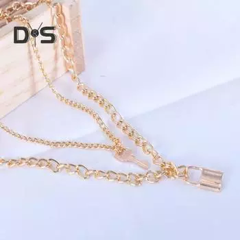 Женское ожерелье, гладкое двухслойное ожерелье с ключом и замком, полая цепочка в стиле ретро, индивидуальное ключичное ожерелье из нержавеющей стали, украшение на шею, ювелирные изделия серебряный