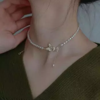 Женское ожерелье из искусственного жемчуга, роскошное элегантное ожерелье с бабочками и стразами, регулируемое ожерелье с воротником для девочек, колье золотистый