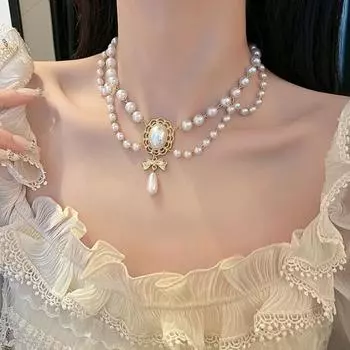 Женское ожерелье из искусственного жемчуга с полым воротником и бантом, колье, ожерелье в винтажном стиле барокко, двойное