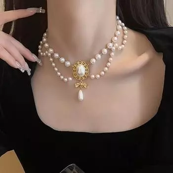 Женское ожерелье из искусственного жемчуга с вырезом в форме банта, воротник-колье, ожерелье в винтажном стиле в стиле барокко, двухслойное, регулируемая длина, роскошная невеста, свадьба серебряный