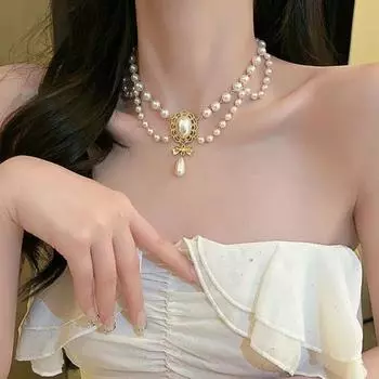 Женское ожерелье из искусственного жемчуга с вырезом и бантом, воротник-колье, винтажное ожерелье серебряный