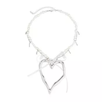 Женское ожерелье из искусственного жемчуга в форме сердца с бантом, кулон, полая цепочка, большой декор, регулируемая длина, нержавеющая сталь