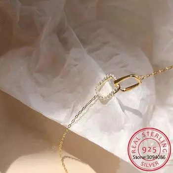 Женское ожерелье из стерлингового серебра 925 пробы с двойным квадратом, блестящий циркон, геометрическая цепочка на ключицы, ювелирные изделия золотой