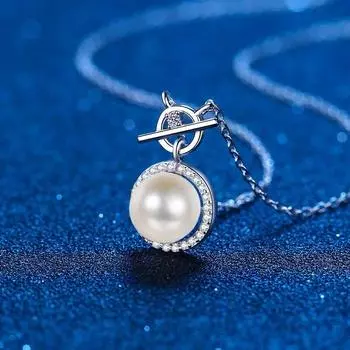 Женское ожерелье из стерлингового серебра с муассанитом, прочное ожерелье с круглым замком, кулон с природным жемчугом, рождественские подарки для мамы 0.14ct