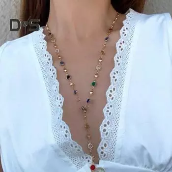 Женское ожерелье, красочный искусственный кристалл, регулируемая длина, глубокий V-образный вырез, одежда, длинное ожерелье на ключице, вечерние украшения на груди для выпускного вечера золотистый