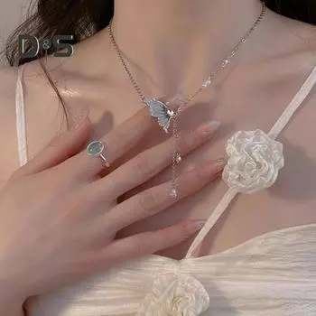 Женское ожерелье, медная подвеска-бабочка, кисточка, кубический цирконий, гальваническое покрытие, регулируемая длина, ожерелье для выпускного вечера, ювелирные изделия на шею синий