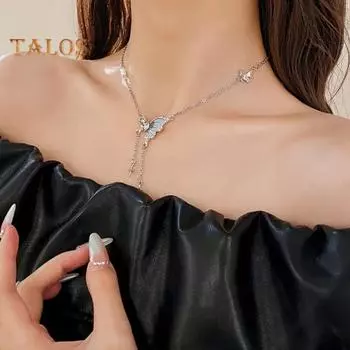 Женское ожерелье, медная подвеска-бабочка, кисточка, кубический цирконий, гальваническое покрытие, регулируемая длина, ожерелье для выпускного вечера, ювелирные изделия на шею синий