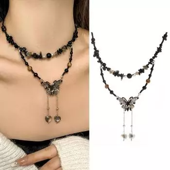 Женское ожерелье, подвеска в форме сердца-бабочки, двухслойное ожерелье в этническом стиле с кисточкой, регулируемая длина, декор из каменных бусин, ожерелье на ключицу, ювелирные изделия на шею чёрный