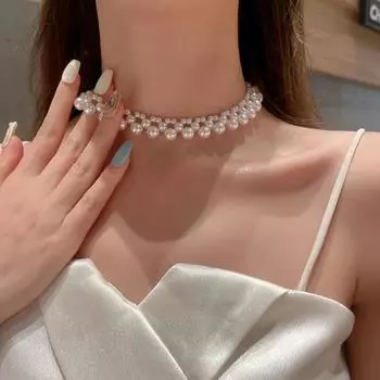 Женское ожерелье, регулируемый подарок, универсальное очаровательное ожерелье с искусственным жемчугом, женское ожерелье с воротником, ювелирные аксессуары белый
