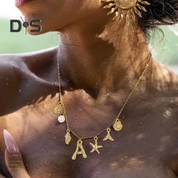Женское ожерелье с 26 буквами, искусственным жемчугом, декором в виде морской звезды, в богемном пляжном стиле, регулируемая длина, для вечеринок и клуба, чокер на шею, украшения для океана L