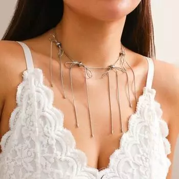 Женское ожерелье с бантом и кисточкой, декор с узлом, сплошной цвет, гальванический сплав, регулируемый легкий, холодный стиль, вечерние клубные колье, женские украшения на шею белый
