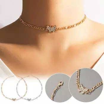 Женское ожерелье с бриллиантовой бабочкой, однослойная цепочка на ключицу, металлическая цепочка, ожерелье золотой