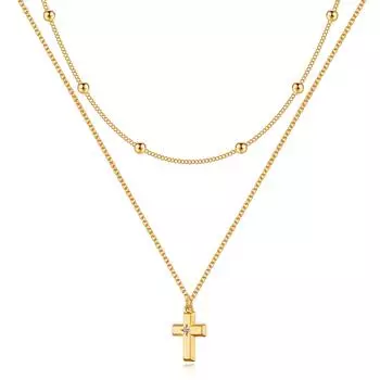 Женское ожерелье с двойным крестом, 18-каратное ожерелье, позолоченное циркониевое ожерелье, круглое ожерелье из бисера