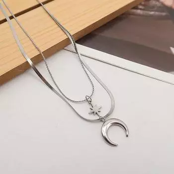 Женское ожерелье с двойным слоем титановой стали, гальванизированное ожерелье с подвеской в виде звезды и луны, регулируемое серебряный