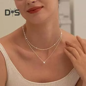 Женское ожерелье с двухслойной круглой подвеской из горного хрусталя, регулируемое с удлиненной полой цепочкой, женское ожерелье на ключицу, ювелирное украшение на шею серебряный